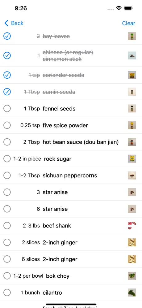 Ingredients list